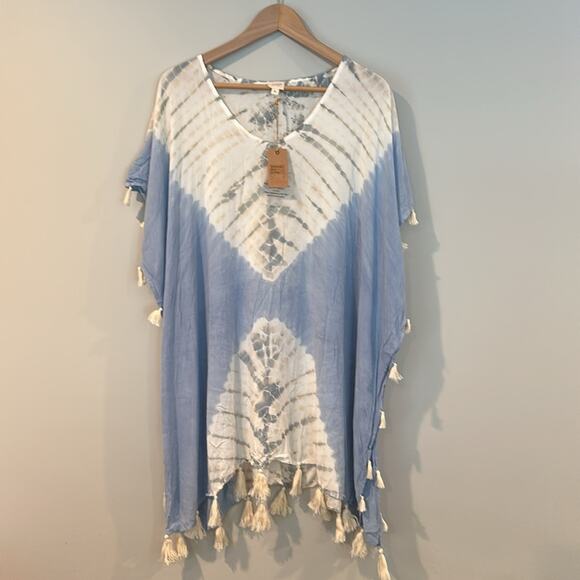 Surf Gypsy Medium Boho Blue Tie Dye Tassel Swim Cover-Up - Picture 3 of 9